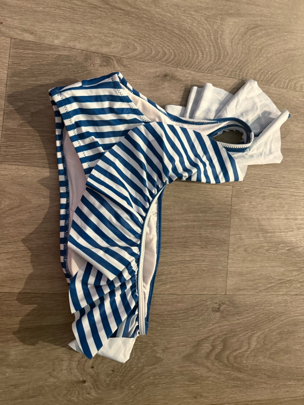 Blue Two-Piece Bikini‎ Set - Striped Top & Solid Bottom. One shoulder - Picture 6 of 6